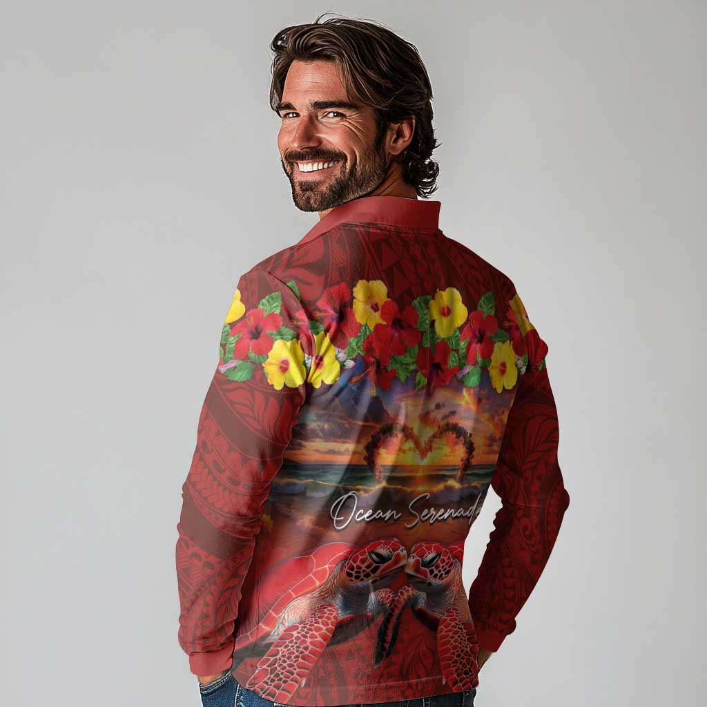 Hawaiian Turtle Love Couple Long Sleeve Polo Shirt Ocean Serenade - Honu Honi Ihu with Hibiscus and Romantic Sunset Red Color LT03 - Polynesian Pride