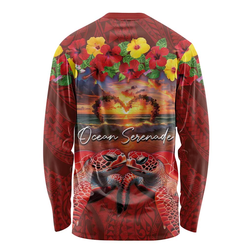 Hawaiian Turtle Love Couple Long Sleeve Shirt Ocean Serenade - Honu Honi Ihu with Hibiscus and Romantic Sunset Red Color LT03 - Polynesian Pride