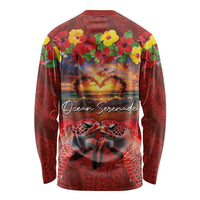 Hawaiian Turtle Love Couple Long Sleeve Shirt Ocean Serenade - Honu Honi Ihu with Hibiscus and Romantic Sunset Red Color LT03 - Polynesian Pride