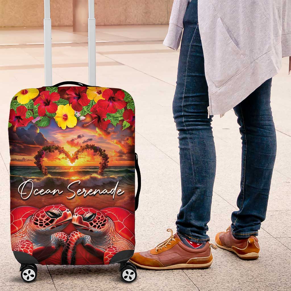 Hawaiian Turtle Love Couple Luggage Cover Ocean Serenade - Honu Honi Ihu with Hibiscus and Romantic Sunset Red Color LT03 Red - Polynesian Pride