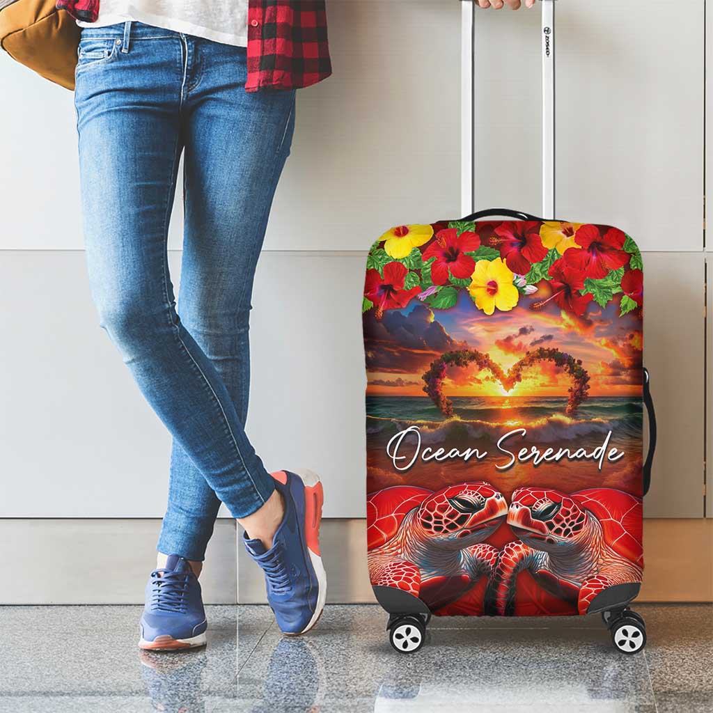 Hawaiian Turtle Love Couple Luggage Cover Ocean Serenade - Honu Honi Ihu with Hibiscus and Romantic Sunset Red Color LT03 - Polynesian Pride