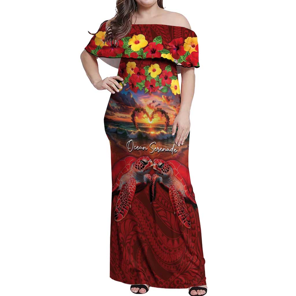 Hawaiian Turtle Love Couple Off Shoulder Maxi Dress Ocean Serenade - Honu Honi Ihu with Hibiscus and Romantic Sunset Red Color LT03 Women Red - Polynesian Pride