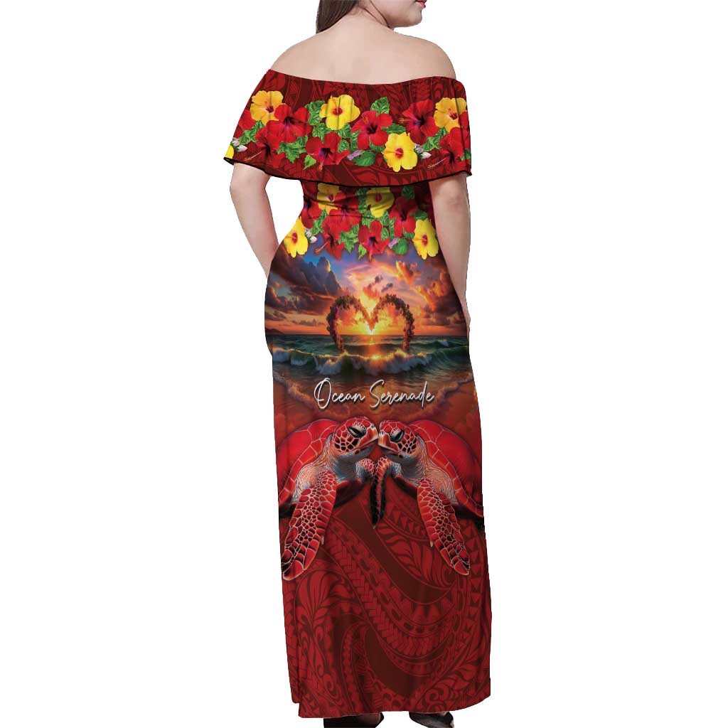 Hawaiian Turtle Love Couple Off Shoulder Maxi Dress Ocean Serenade - Honu Honi Ihu with Hibiscus and Romantic Sunset Red Color LT03 - Polynesian Pride