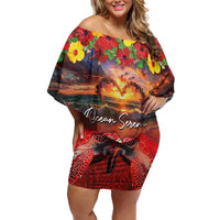 Hawaiian Turtle Love Couple Off Shoulder Short Dress Ocean Serenade - Honu Honi Ihu with Hibiscus and Romantic Sunset Red Color LT03 Women Red - Polynesian Pride