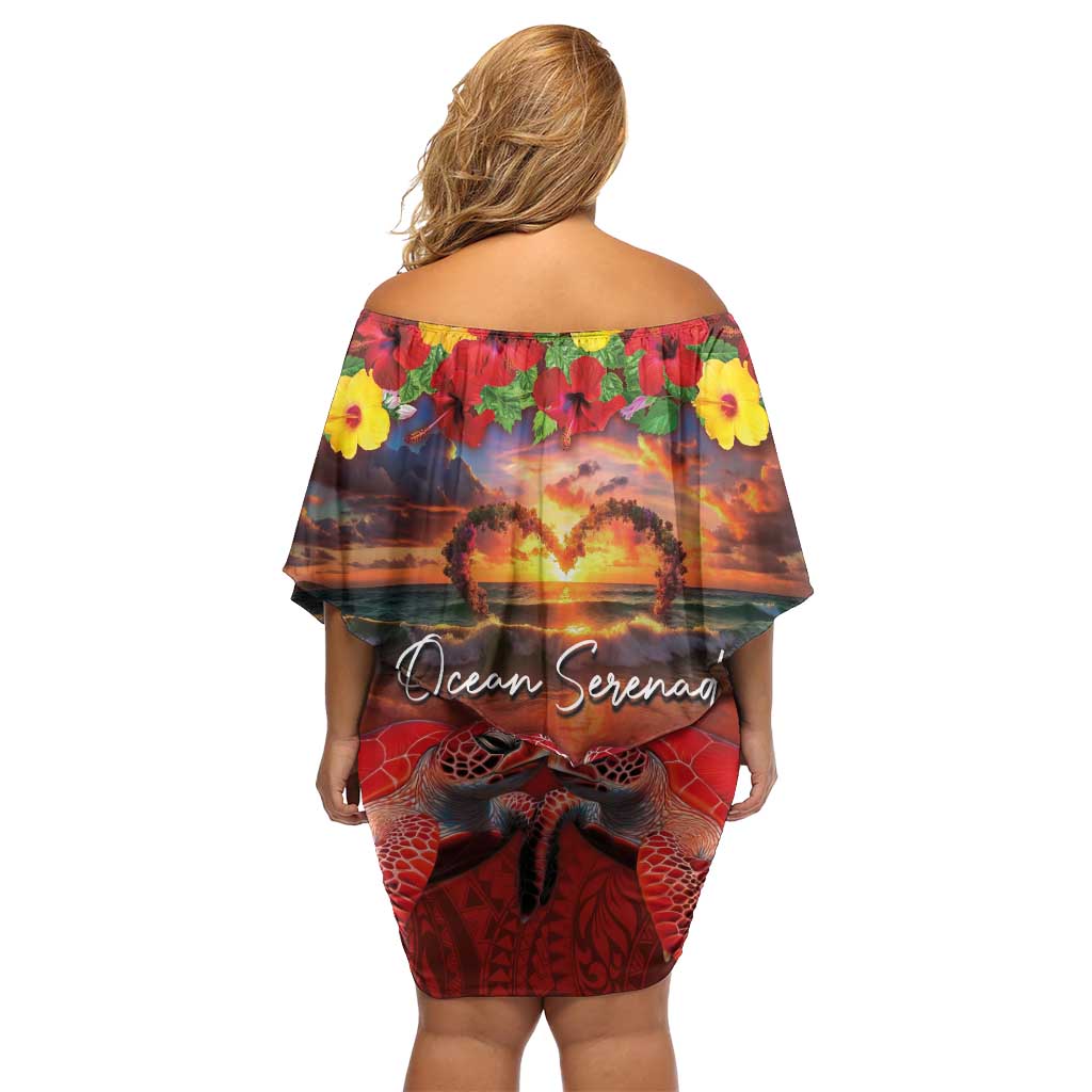 Hawaiian Turtle Love Couple Off Shoulder Short Dress Ocean Serenade - Honu Honi Ihu with Hibiscus and Romantic Sunset Red Color LT03 - Polynesian Pride