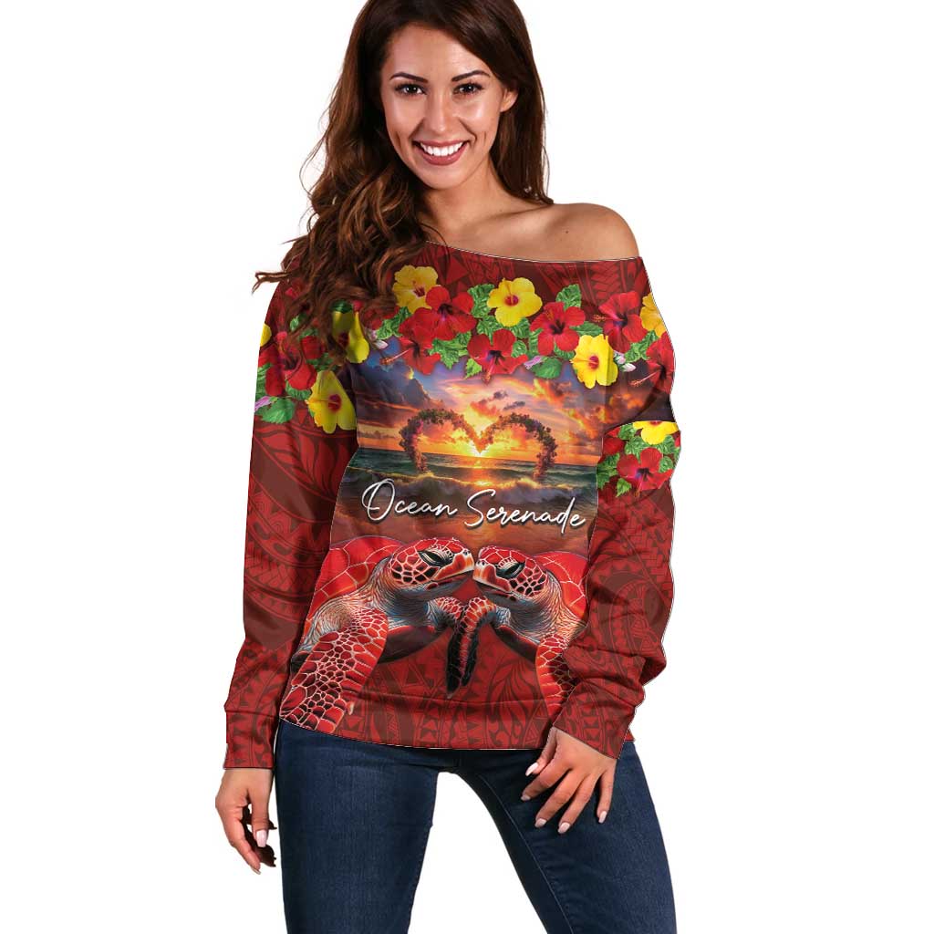Hawaiian Turtle Love Couple Off Shoulder Sweater Ocean Serenade - Honu Honi Ihu with Hibiscus and Romantic Sunset Red Color LT03 Women Red - Polynesian Pride