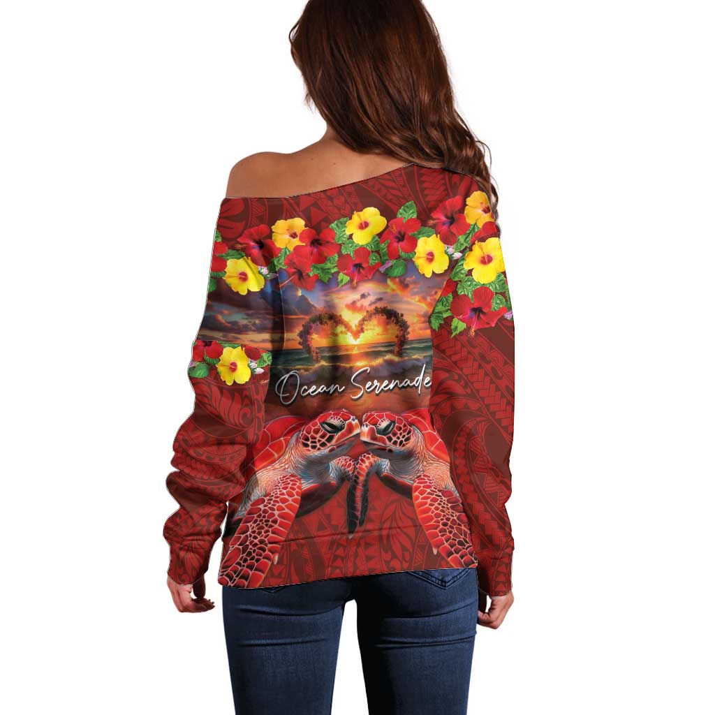 Hawaiian Turtle Love Couple Off Shoulder Sweater Ocean Serenade - Honu Honi Ihu with Hibiscus and Romantic Sunset Red Color LT03 - Polynesian Pride