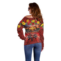Hawaiian Turtle Love Couple Off Shoulder Sweater Ocean Serenade - Honu Honi Ihu with Hibiscus and Romantic Sunset Red Color LT03 - Polynesian Pride