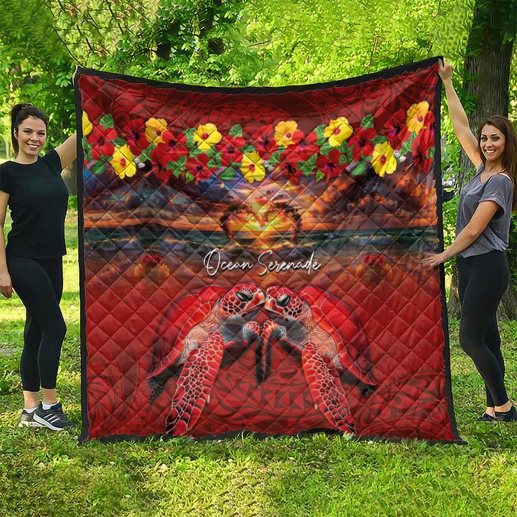 Hawaiian Turtle Love Couple Quilt Ocean Serenade - Honu Honi Ihu with Hibiscus and Romantic Sunset Red Color LT03 - Polynesian Pride