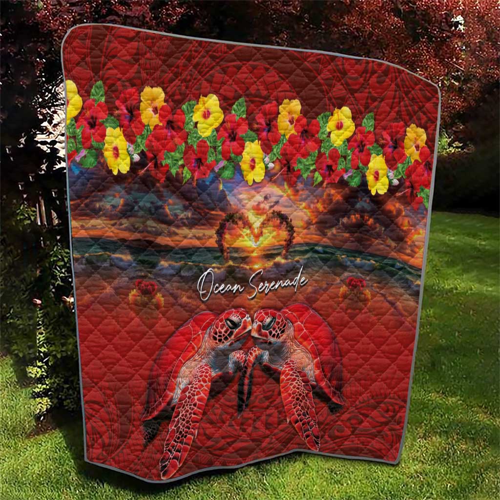 Hawaiian Turtle Love Couple Quilt Ocean Serenade - Honu Honi Ihu with Hibiscus and Romantic Sunset Red Color LT03 - Polynesian Pride