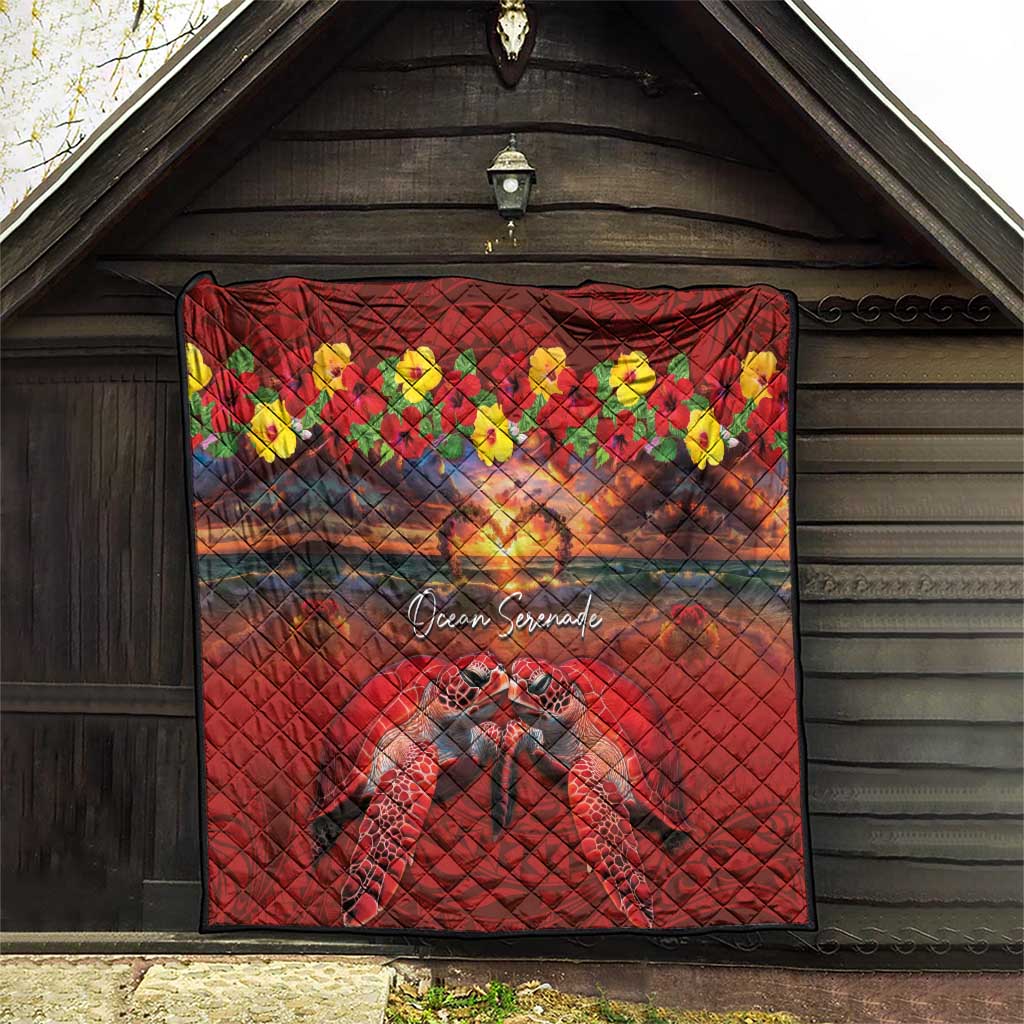 Hawaiian Turtle Love Couple Quilt Ocean Serenade - Honu Honi Ihu with Hibiscus and Romantic Sunset Red Color LT03 - Polynesian Pride