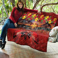 Hawaiian Turtle Love Couple Quilt Ocean Serenade - Honu Honi Ihu with Hibiscus and Romantic Sunset Red Color LT03 - Polynesian Pride