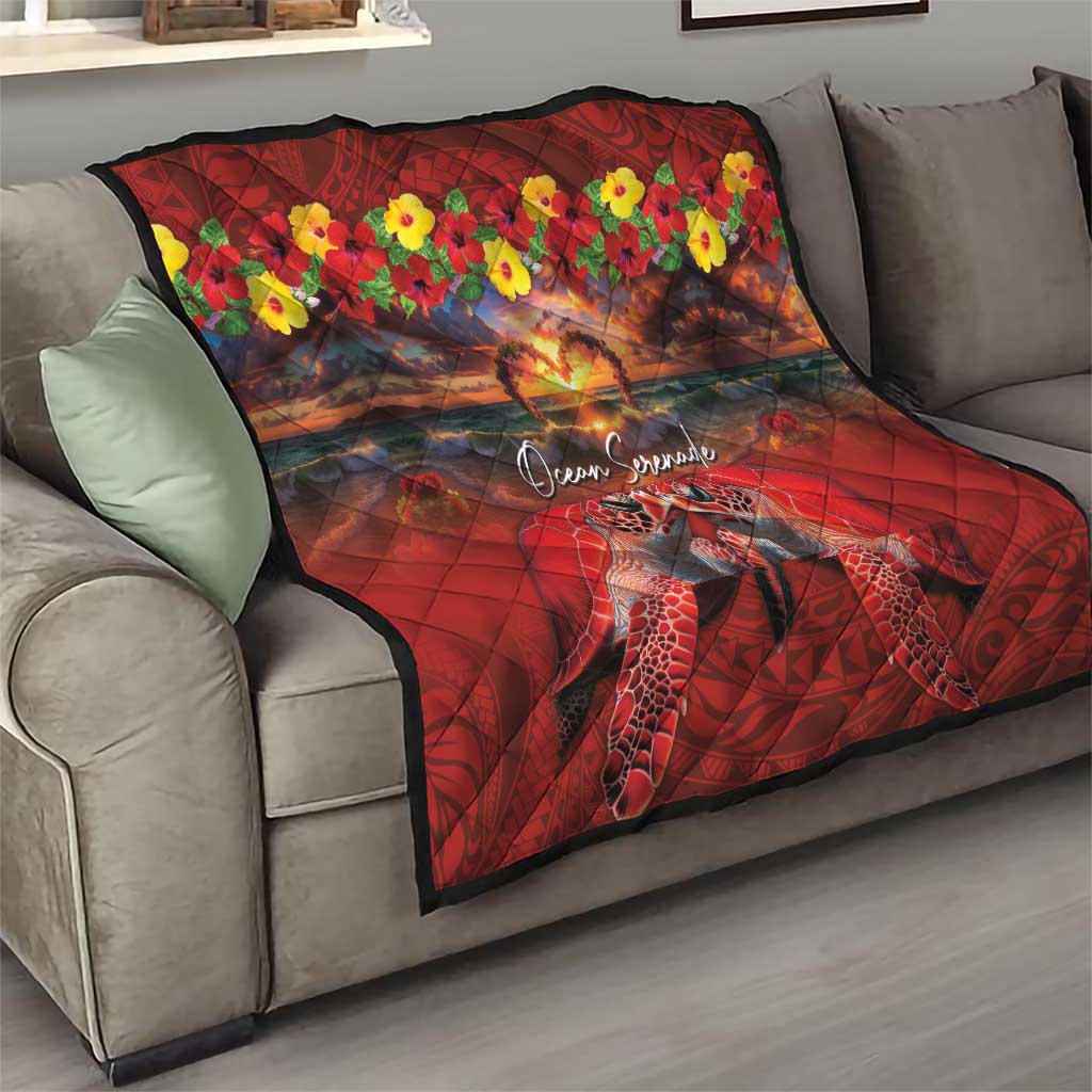 Hawaiian Turtle Love Couple Quilt Ocean Serenade - Honu Honi Ihu with Hibiscus and Romantic Sunset Red Color LT03 - Polynesian Pride