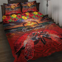 Hawaiian Turtle Love Couple Quilt Bed Set Ocean Serenade - Honu Honi Ihu with Hibiscus and Romantic Sunset Red Color LT03 Red - Polynesian Pride