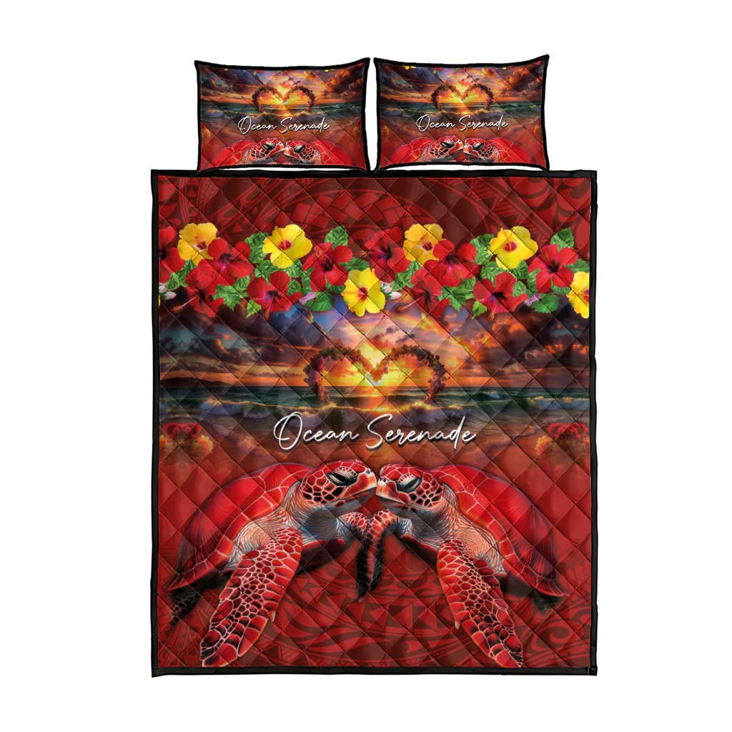 Hawaiian Turtle Love Couple Quilt Bed Set Ocean Serenade - Honu Honi Ihu with Hibiscus and Romantic Sunset Red Color LT03 - Polynesian Pride