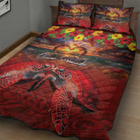 Hawaiian Turtle Love Couple Quilt Bed Set Ocean Serenade - Honu Honi Ihu with Hibiscus and Romantic Sunset Red Color LT03 - Polynesian Pride