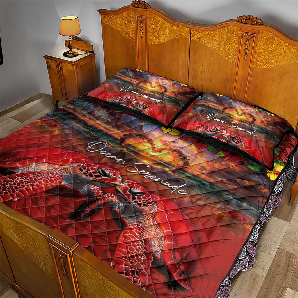 Hawaiian Turtle Love Couple Quilt Bed Set Ocean Serenade - Honu Honi Ihu with Hibiscus and Romantic Sunset Red Color LT03 - Polynesian Pride