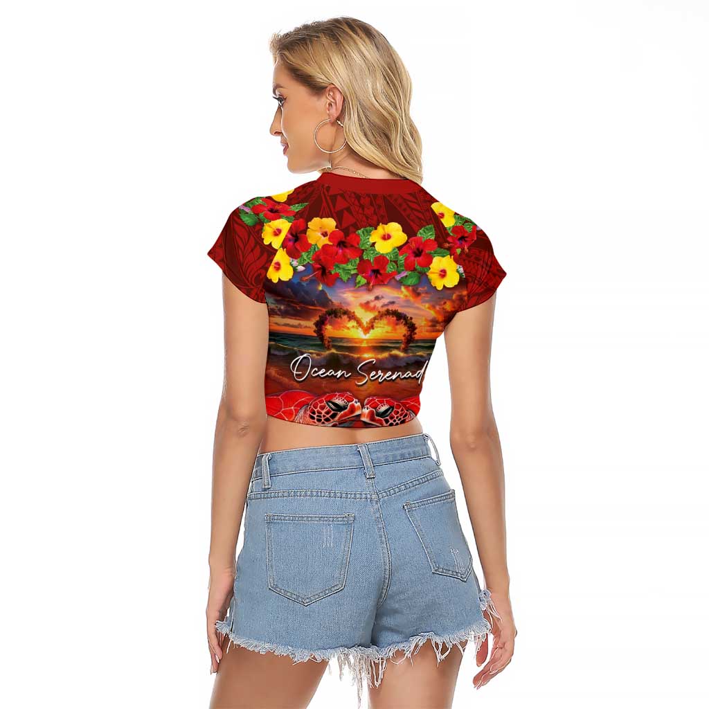 Hawaiian Turtle Love Couple Raglan Cropped T Shirt Ocean Serenade - Honu Honi Ihu with Hibiscus and Romantic Sunset Red Color LT03 - Polynesian Pride