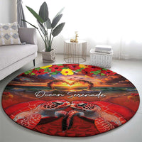 Hawaiian Turtle Love Couple Round Carpet Ocean Serenade - Honu Honi Ihu with Hibiscus and Romantic Sunset Red Color LT03 - Polynesian Pride