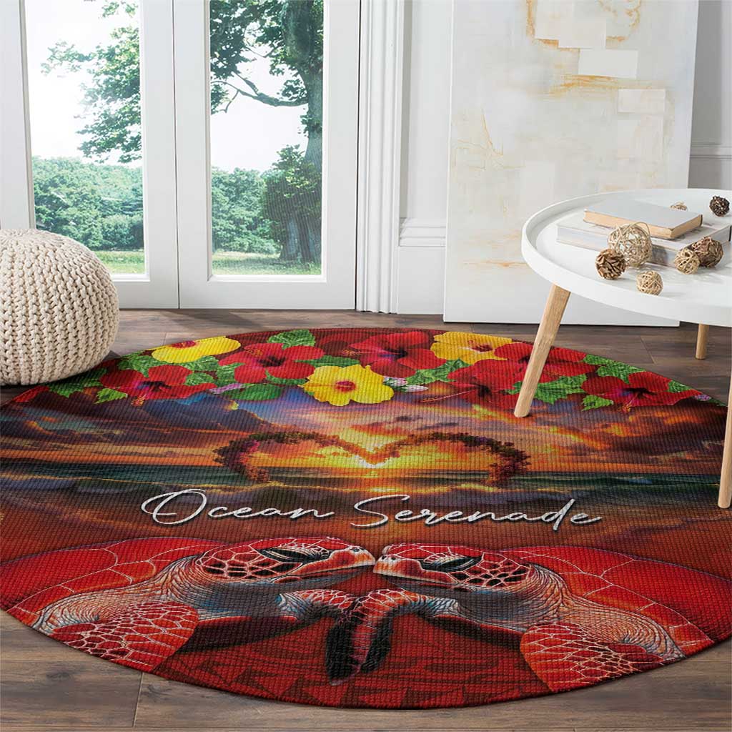 Hawaiian Turtle Love Couple Round Carpet Ocean Serenade - Honu Honi Ihu with Hibiscus and Romantic Sunset Red Color LT03 - Polynesian Pride