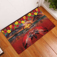 Hawaiian Turtle Love Couple Rubber Doormat Ocean Serenade - Honu Honi Ihu with Hibiscus and Romantic Sunset Red Color LT03 - Polynesian Pride