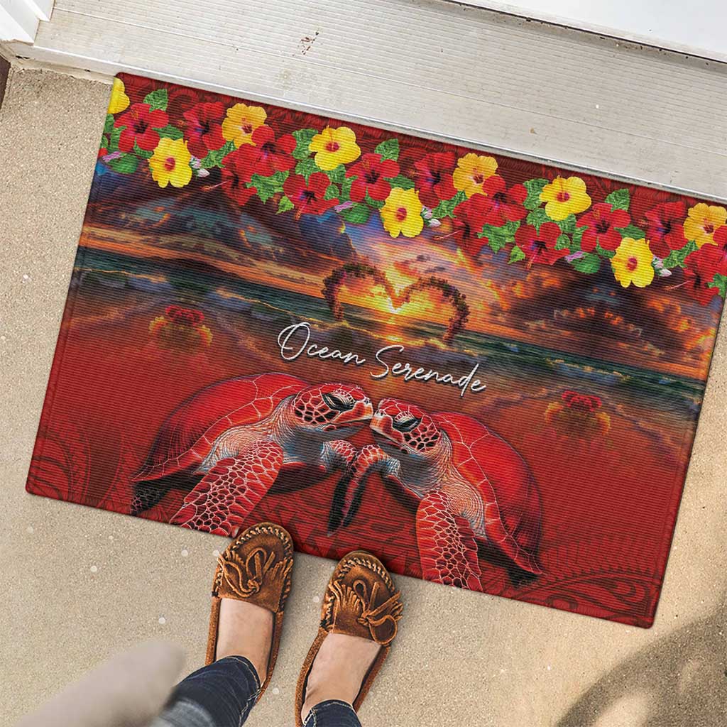 Hawaiian Turtle Love Couple Rubber Doormat Ocean Serenade - Honu Honi Ihu with Hibiscus and Romantic Sunset Red Color LT03 - Polynesian Pride