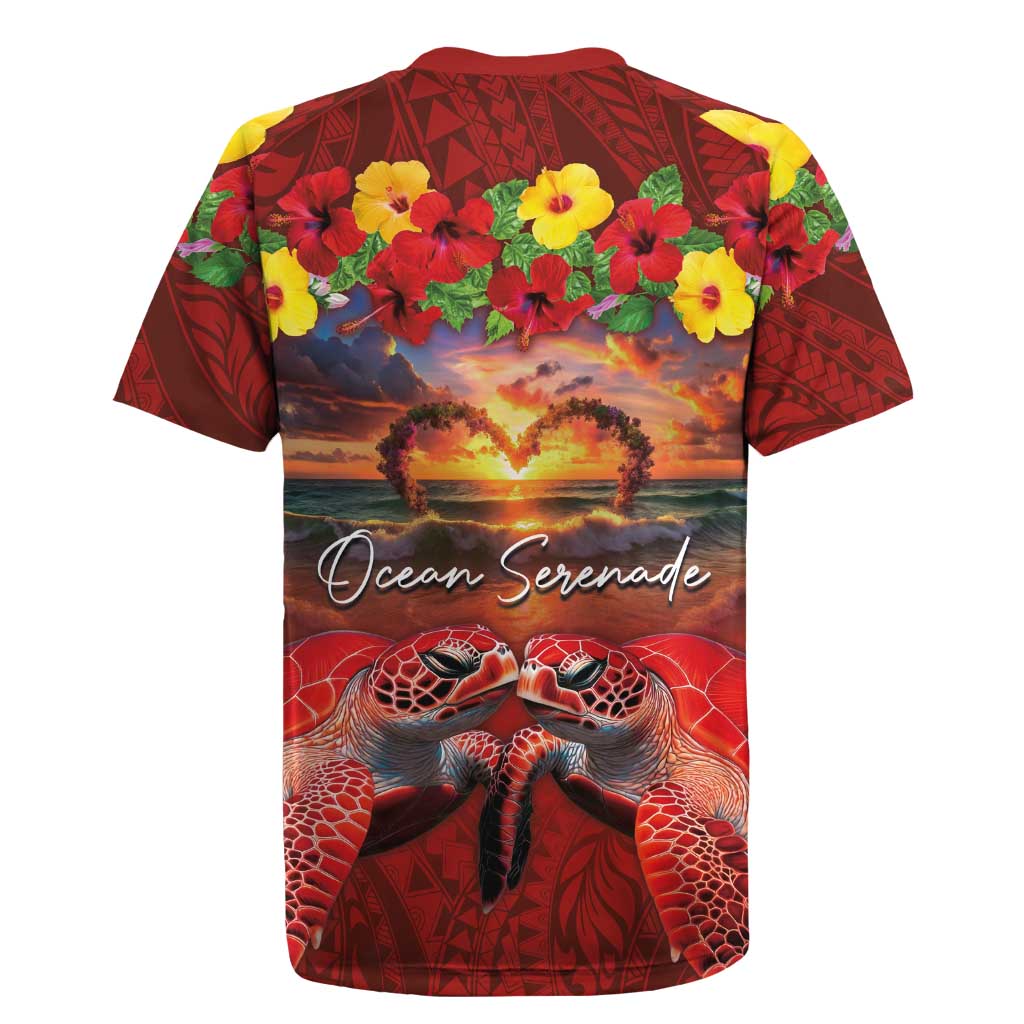Hawaiian Turtle Love Couple Rugby Jersey Ocean Serenade - Honu Honi Ihu with Hibiscus and Romantic Sunset Red Color LT03 - Polynesian Pride