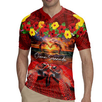Hawaiian Turtle Love Couple Rugby Jersey Ocean Serenade - Honu Honi Ihu with Hibiscus and Romantic Sunset Red Color LT03 - Polynesian Pride