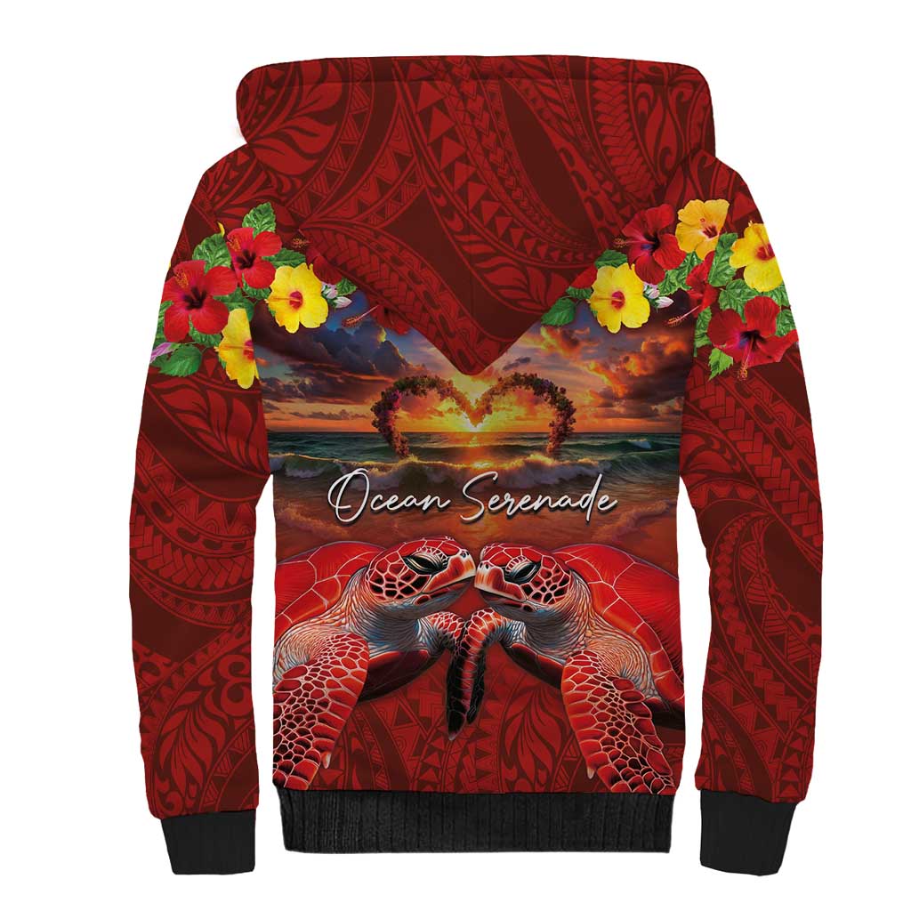Hawaiian Turtle Love Couple Sherpa Hoodie Ocean Serenade - Honu Honi Ihu with Hibiscus and Romantic Sunset Red Color LT03 - Polynesian Pride