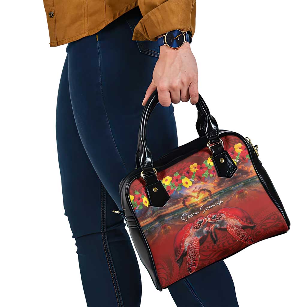 Hawaiian Turtle Love Couple Shoulder Handbag Ocean Serenade - Honu Honi Ihu with Hibiscus and Romantic Sunset Red Color LT03 - Polynesian Pride