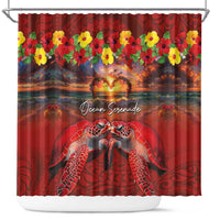 Hawaiian Turtle Love Couple Shower Curtain Ocean Serenade - Honu Honi Ihu with Hibiscus and Romantic Sunset Red Color LT03 Red - Polynesian Pride