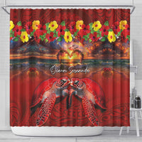 Hawaiian Turtle Love Couple Shower Curtain Ocean Serenade - Honu Honi Ihu with Hibiscus and Romantic Sunset Red Color LT03 - Polynesian Pride