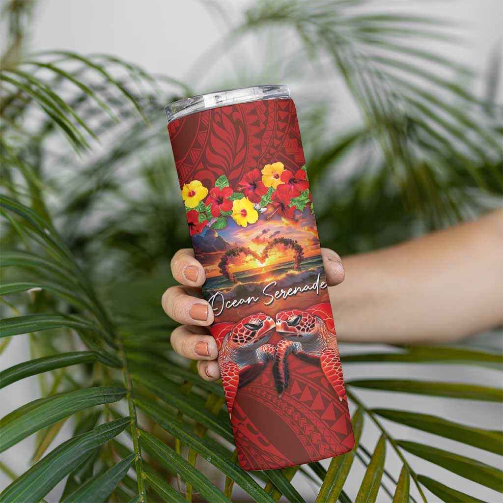 Hawaiian Turtle Love Couple Skinny Tumbler Ocean Serenade - Honu Honi Ihu with Hibiscus and Romantic Sunset Red Color LT03 - Polynesian Pride