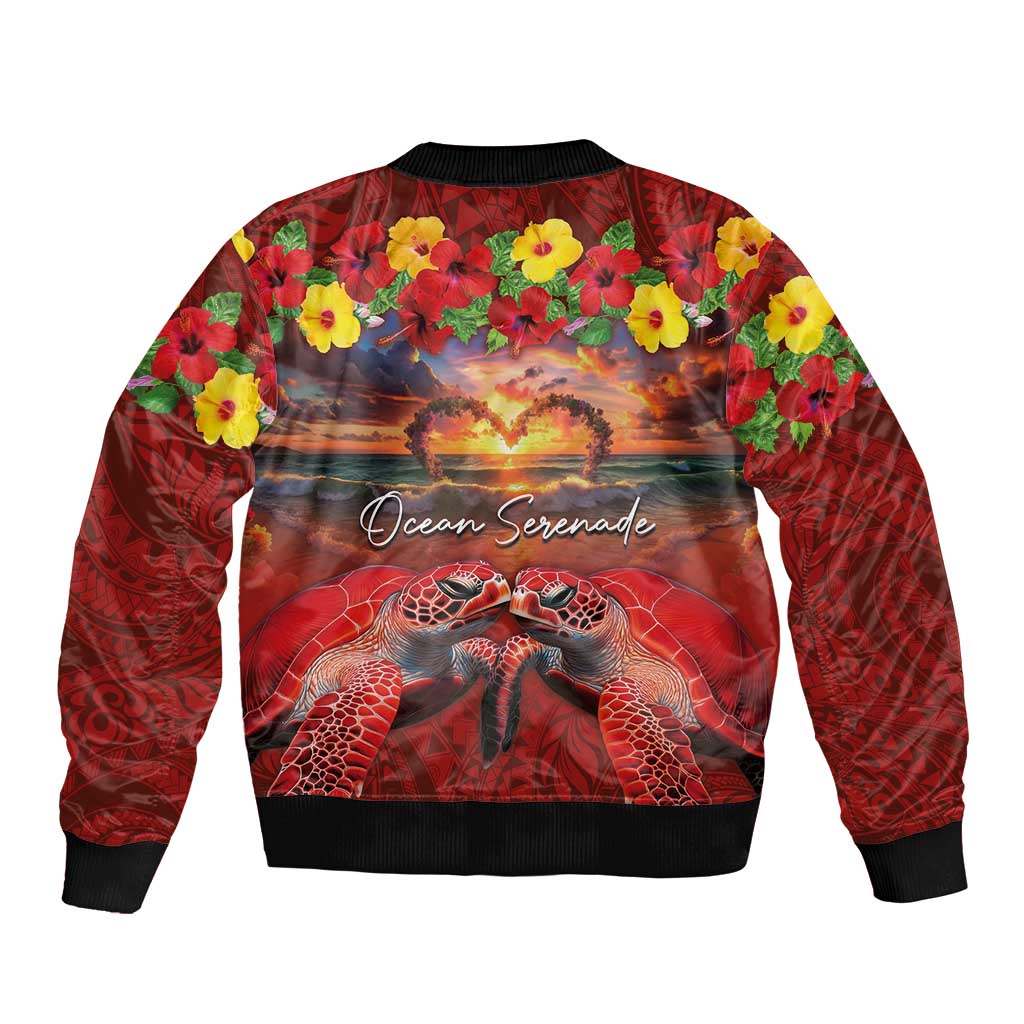 Hawaiian Turtle Love Couple Sleeve Zip Bomber Jacket Ocean Serenade - Honu Honi Ihu with Hibiscus and Romantic Sunset Red Color LT03 - Polynesian Pride