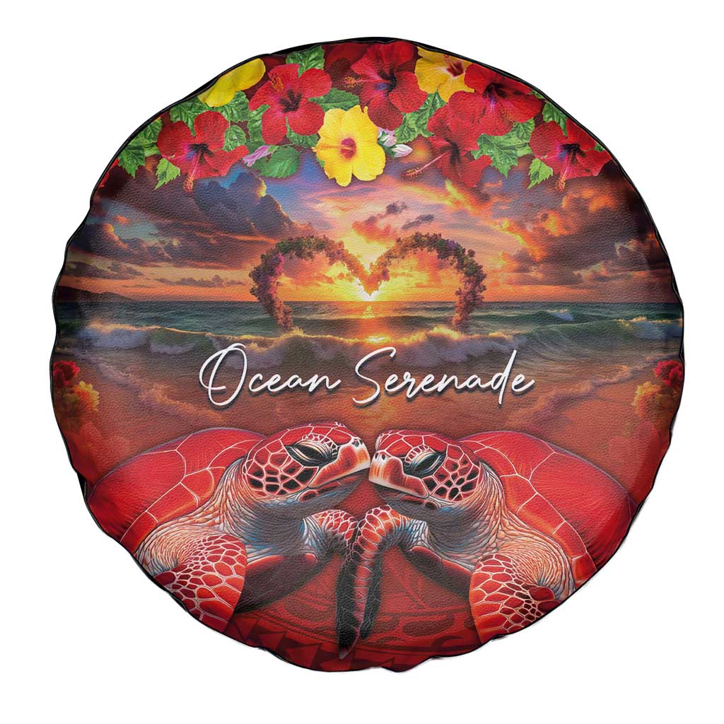 Hawaiian Turtle Love Couple Spare Tire Cover Ocean Serenade - Honu Honi Ihu with Hibiscus and Romantic Sunset Red Color LT03 - Polynesian Pride