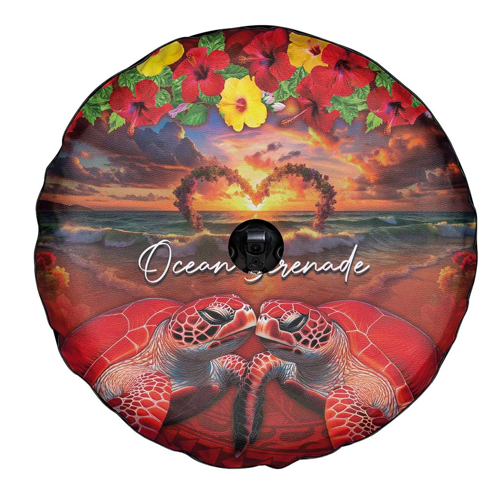 Hawaiian Turtle Love Couple Spare Tire Cover Ocean Serenade - Honu Honi Ihu with Hibiscus and Romantic Sunset Red Color LT03 - Polynesian Pride
