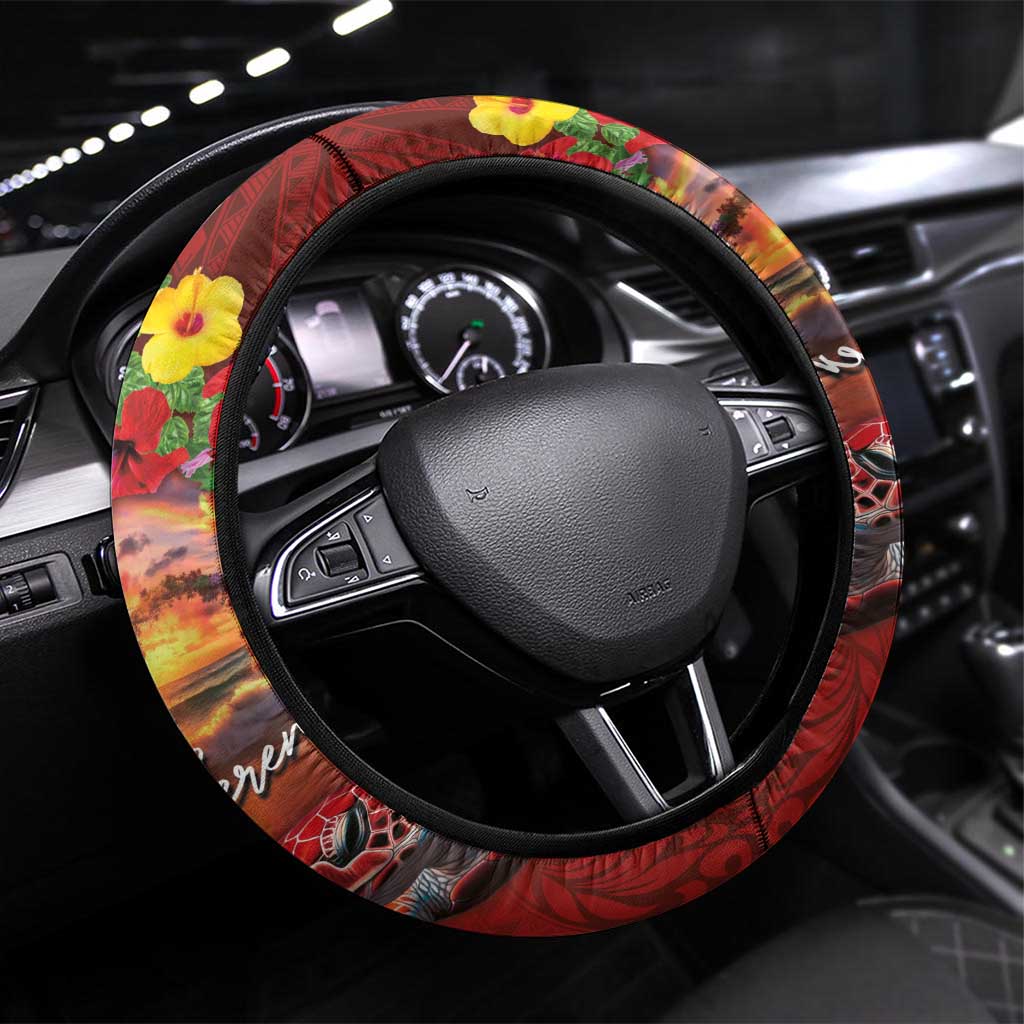 Hawaiian Turtle Love Couple Steering Wheel Cover Ocean Serenade - Honu Honi Ihu with Hibiscus and Romantic Sunset Red Color LT03 Universal Fit Red - Polynesian Pride