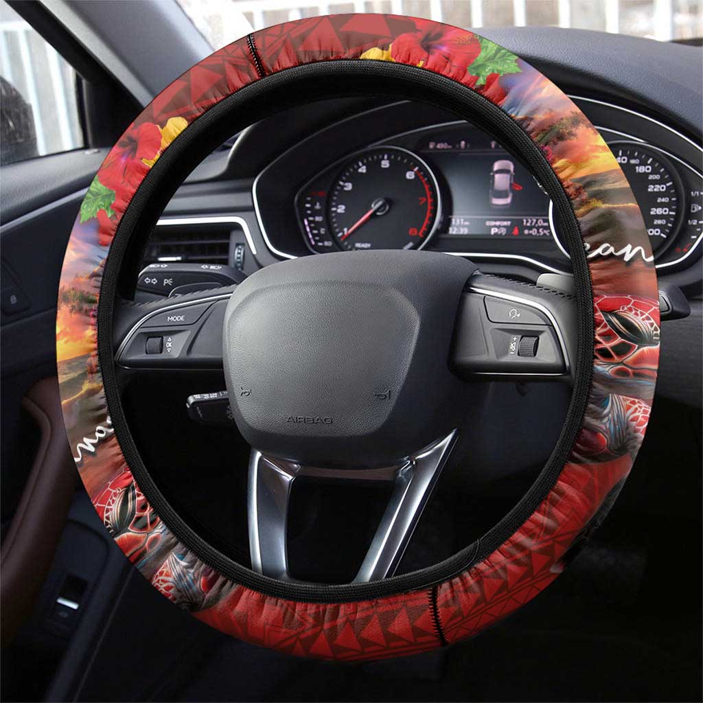 Hawaiian Turtle Love Couple Steering Wheel Cover Ocean Serenade - Honu Honi Ihu with Hibiscus and Romantic Sunset Red Color LT03 - Polynesian Pride
