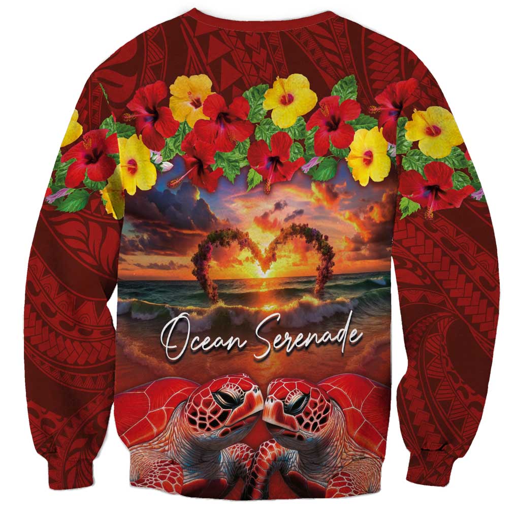 Hawaiian Turtle Love Couple Sweatshirt Ocean Serenade - Honu Honi Ihu with Hibiscus and Romantic Sunset Red Color LT03 - Polynesian Pride