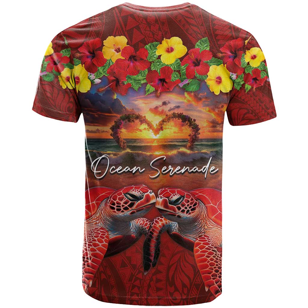 Hawaiian Turtle Love Couple T Shirt Ocean Serenade - Honu Honi Ihu with Hibiscus and Romantic Sunset Red Color LT03 - Polynesian Pride