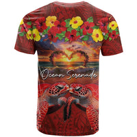 Hawaiian Turtle Love Couple T Shirt Ocean Serenade - Honu Honi Ihu with Hibiscus and Romantic Sunset Red Color LT03 - Polynesian Pride