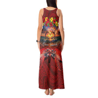 Hawaiian Turtle Love Couple Tank Maxi Dress Ocean Serenade - Honu Honi Ihu with Hibiscus and Romantic Sunset Red Color LT03 - Polynesian Pride