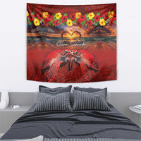 Hawaiian Turtle Love Couple Tapestry Ocean Serenade - Honu Honi Ihu with Hibiscus and Romantic Sunset Red Color LT03 - Polynesian Pride