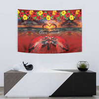 Hawaiian Turtle Love Couple Tapestry Ocean Serenade - Honu Honi Ihu with Hibiscus and Romantic Sunset Red Color LT03 - Polynesian Pride