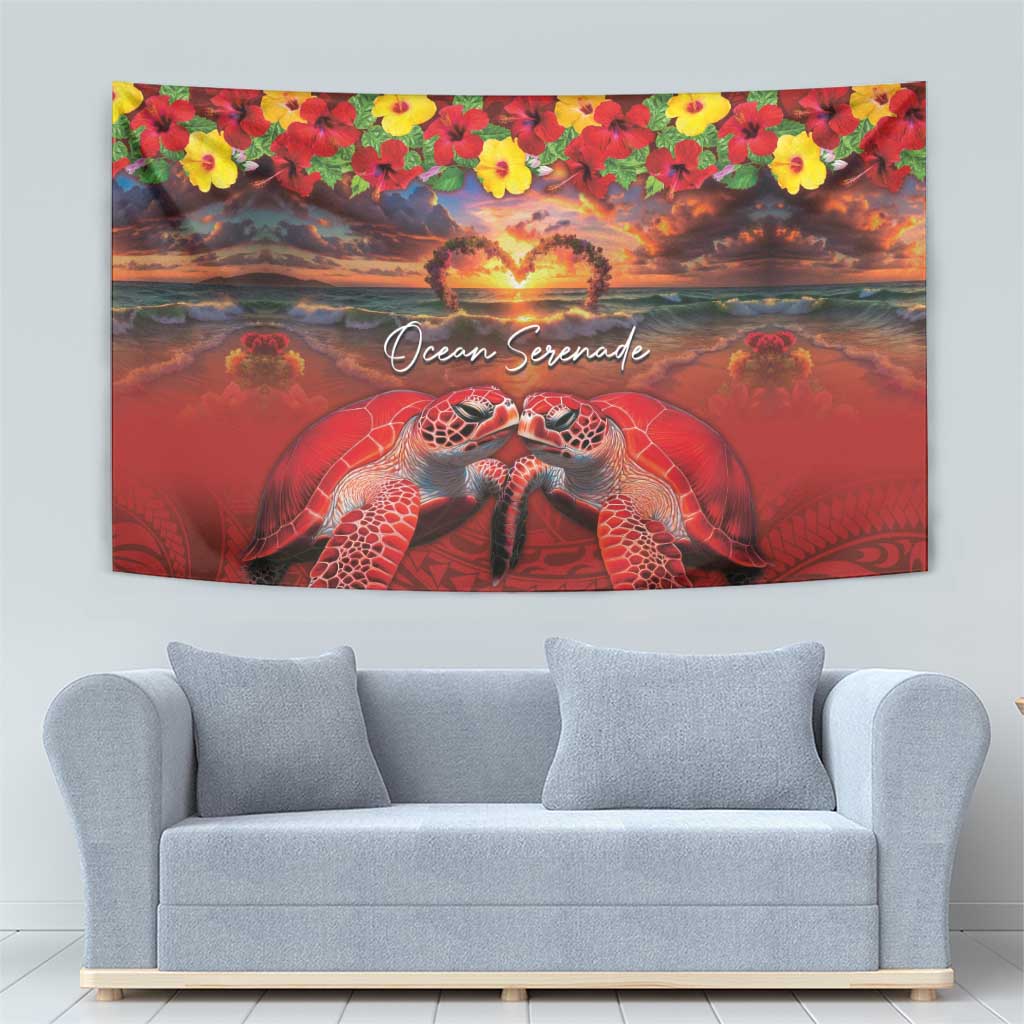 Hawaiian Turtle Love Couple Tapestry Ocean Serenade - Honu Honi Ihu with Hibiscus and Romantic Sunset Red Color LT03 - Polynesian Pride
