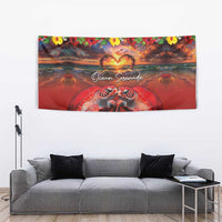 Hawaiian Turtle Love Couple Tapestry Ocean Serenade - Honu Honi Ihu with Hibiscus and Romantic Sunset Red Color LT03 - Polynesian Pride