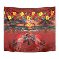 Hawaiian Turtle Love Couple Tapestry Ocean Serenade - Honu Honi Ihu with Hibiscus and Romantic Sunset Red Color LT03 - Polynesian Pride