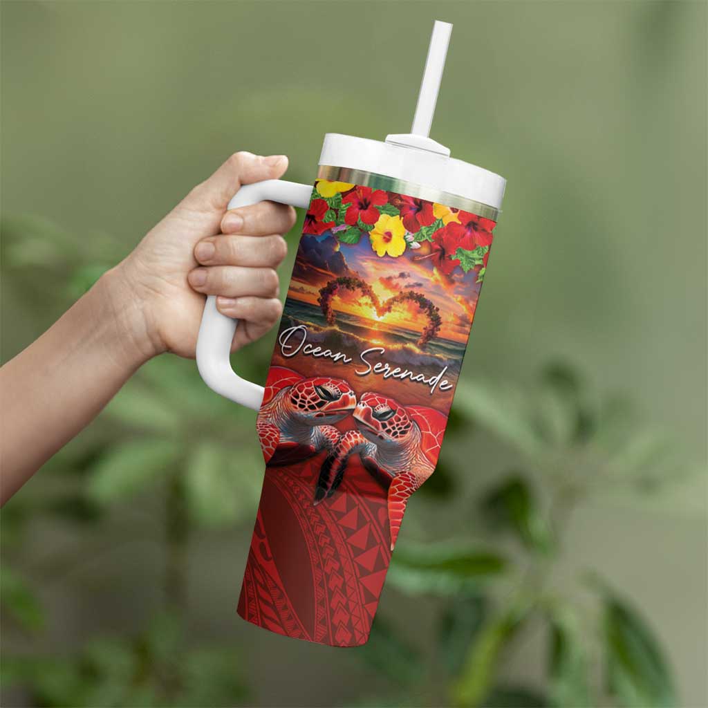 Hawaiian Turtle Love Couple Tumbler With Handle Ocean Serenade - Honu Honi Ihu with Hibiscus and Romantic Sunset Red Color LT03 - Polynesian Pride