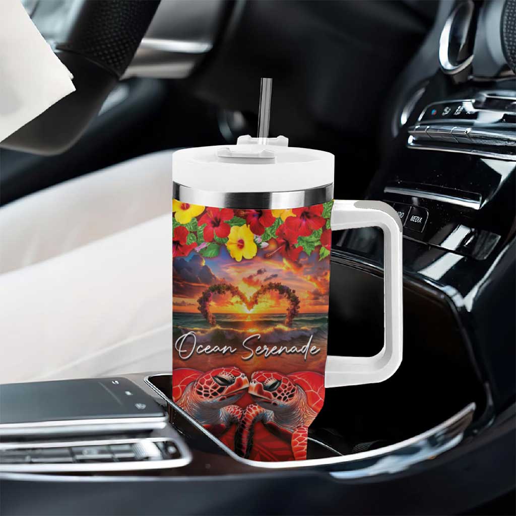 Hawaiian Turtle Love Couple Tumbler With Handle Ocean Serenade - Honu Honi Ihu with Hibiscus and Romantic Sunset Red Color LT03 - Polynesian Pride