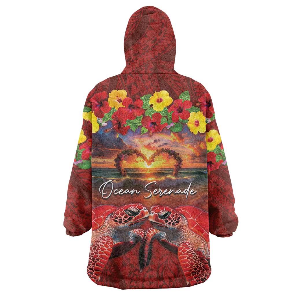 Hawaiian Turtle Love Couple Wearable Blanket Hoodie Ocean Serenade - Honu Honi Ihu with Hibiscus and Romantic Sunset Red Color LT03 - Polynesian Pride